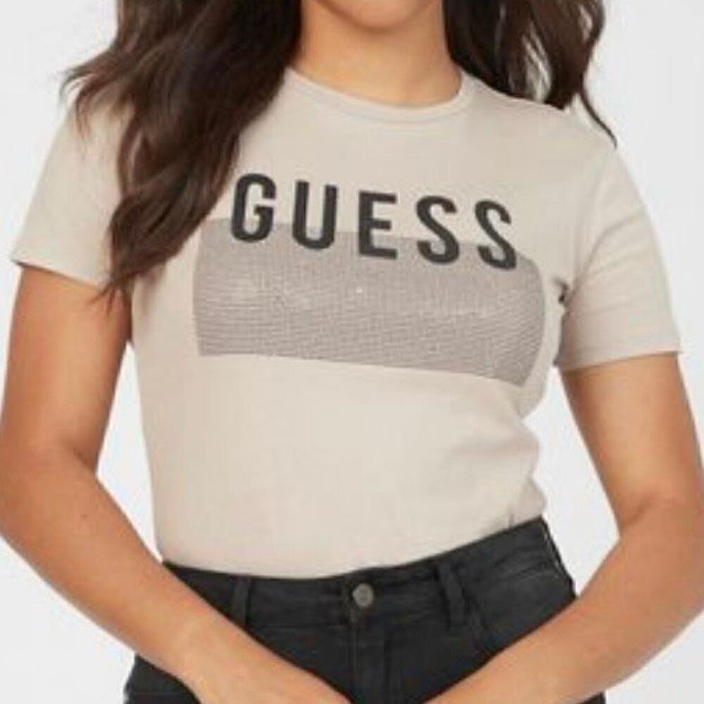 Guess Lisey Rhinestone bling logo tee shirt beige nude size M